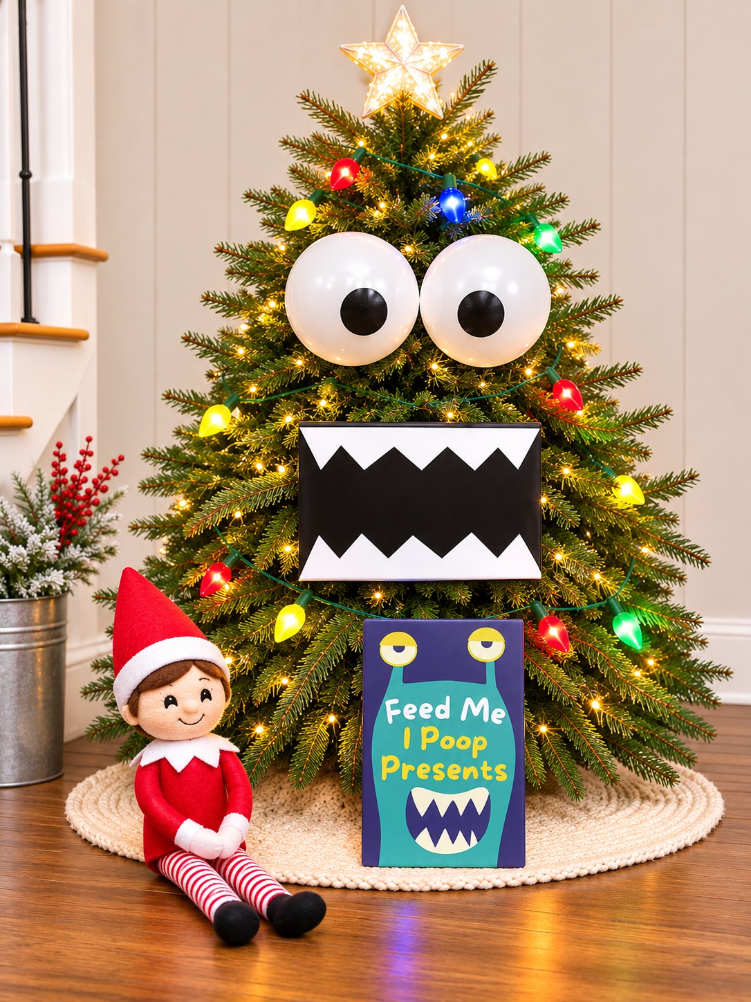 Tree Monster elf antic with Feed Me I Poop Presents sign