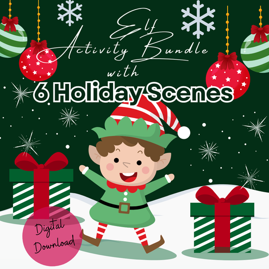 Cartoon elf with Christmas decorations on a green background, promoting an 'Elf Activity Bundle with 6 Holiday Scenes'.