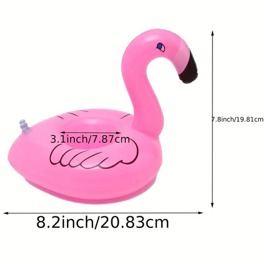 An image showing a pink flamingo-shaped pool float with dimensions marked on it, along with accompanying goggles and a noodle float.