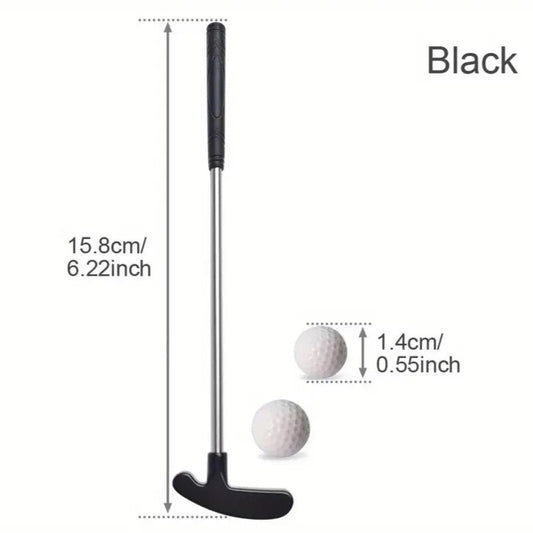 A mini golf set including one black mini golf club and two white mini golf balls, with measurements provided.