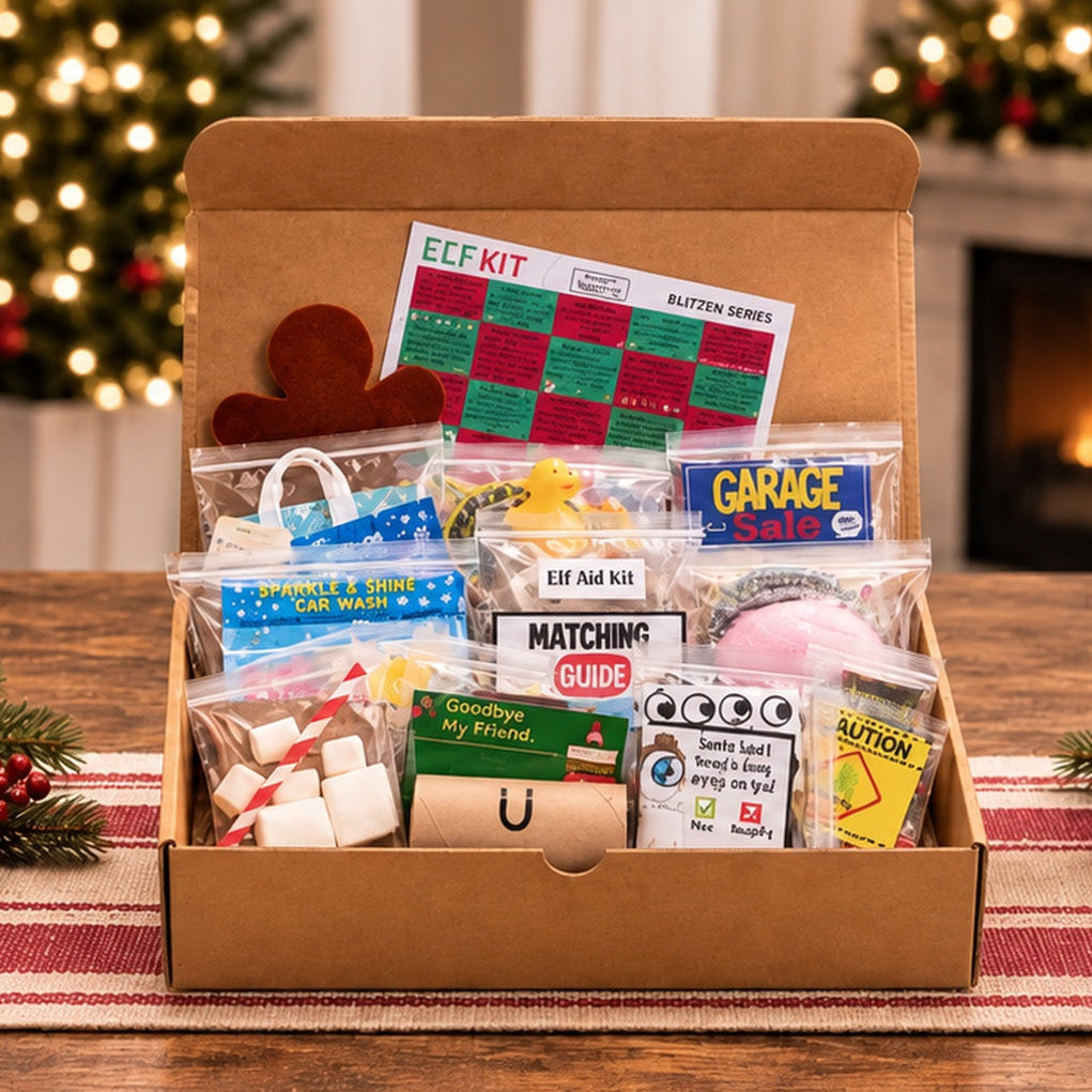 Blitzen 25-Day Elf Kit in open kraft box on striped Christmas runner