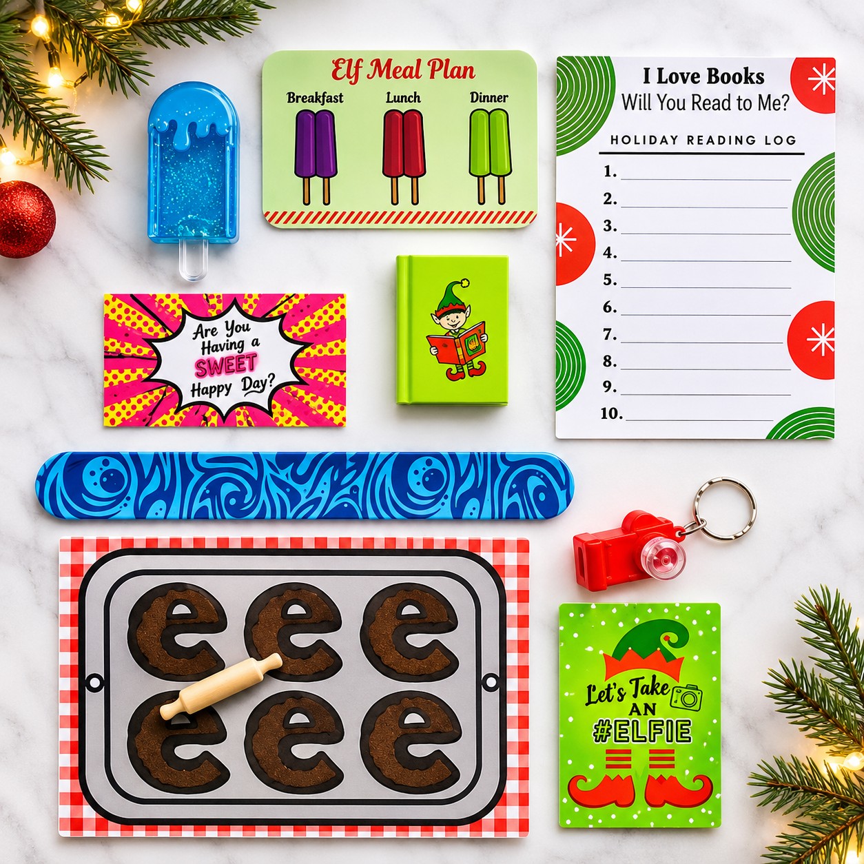 Flat lay of Dasher kit activity props