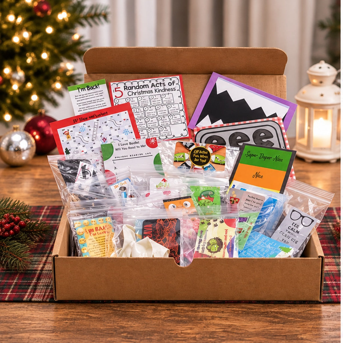 Dasher 25-Day Elf Kit in open kraft box on plaid Christmas runner